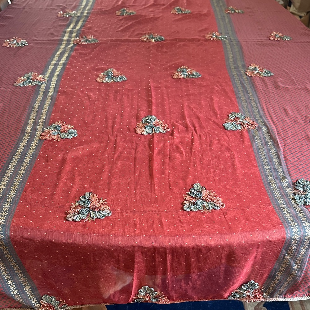 Handmade Red Embroidered Tablecloth with Blue Floral Accents